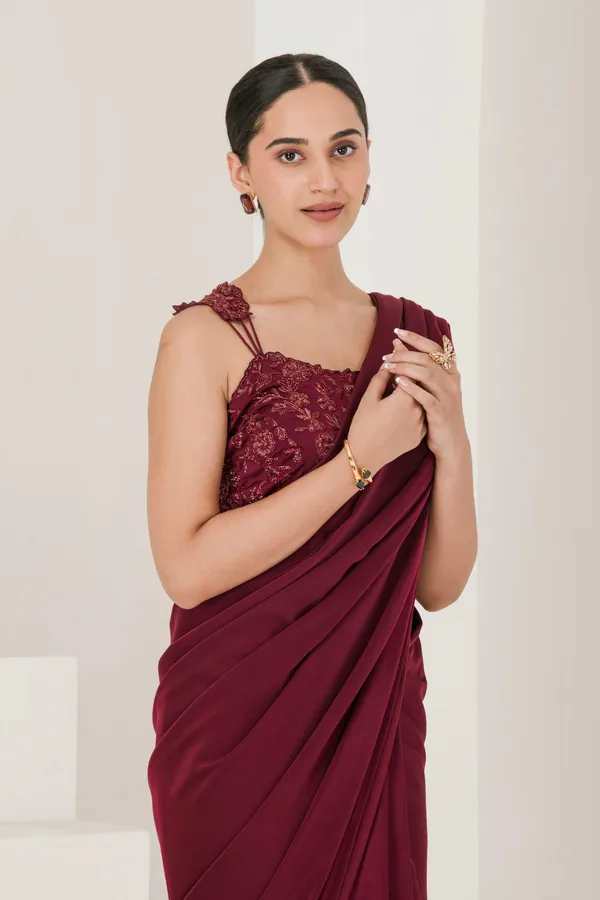 Wine_Hand_Embroidered_Pre_Stitched_Saree