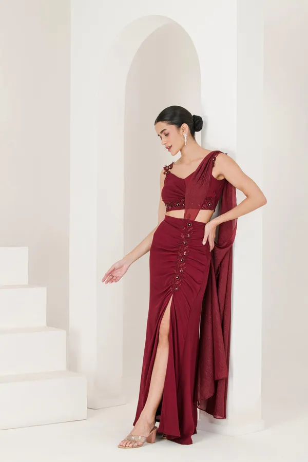 Maroon_Hand_Embroidered_High_Slit_Pre_Stitched_Saree