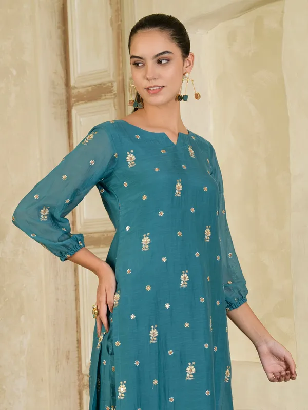 Teal_Blue_Embroidered_Chanderi_Kurta_With_Pants