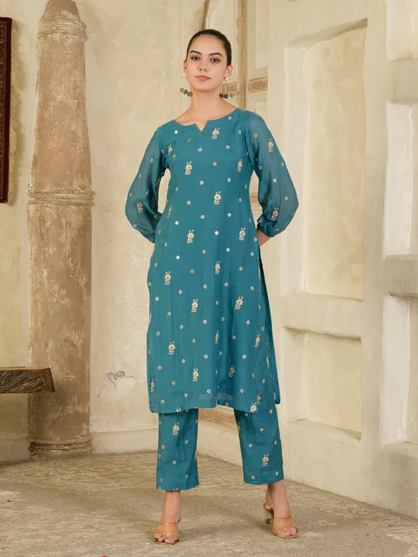 Teal_Blue_Embroidered_Chanderi_Kurta_With_Pants