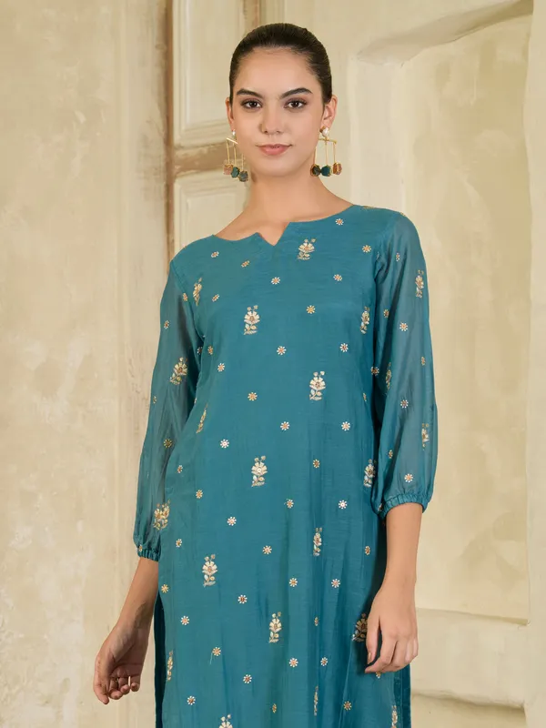 Teal_Blue_Embroidered_Chanderi_Kurta_With_Pants