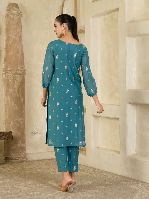 Teal_Blue_Embroidered_Chanderi_Kurta_With_Pants