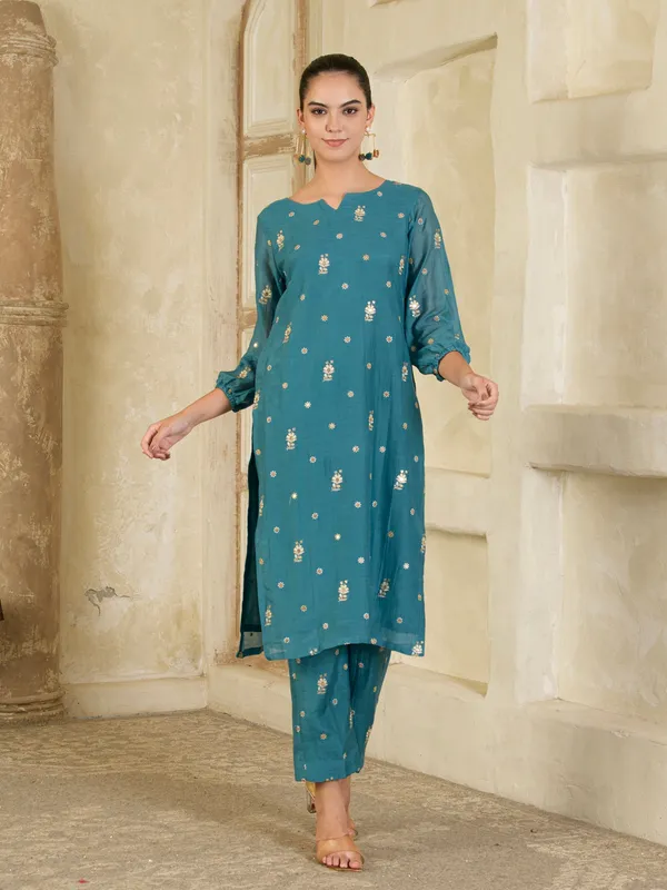 Teal_Blue_Embroidered_Chanderi_Kurta_With_Pants