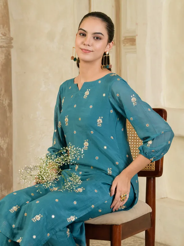 Teal_Blue_Embroidered_Chanderi_Kurta_With_Pants
