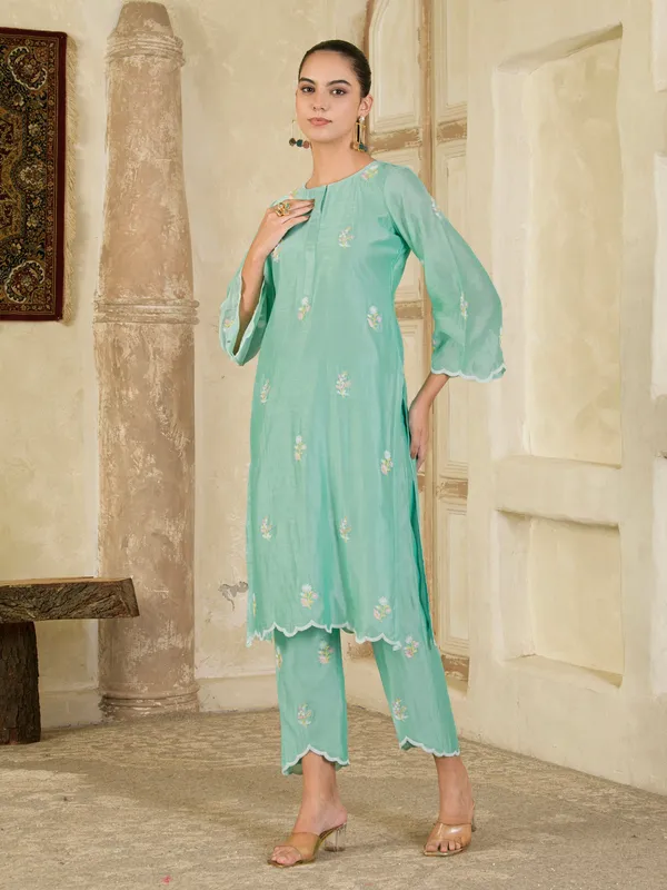 Mint_Green_Hand_Embroidered_Chanderi_Kurta_And_Pants