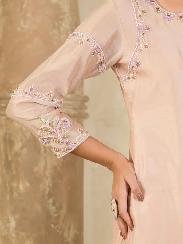 Beige_And_Purple_Hand_Embroidered_Chanderi_Kurta_Set