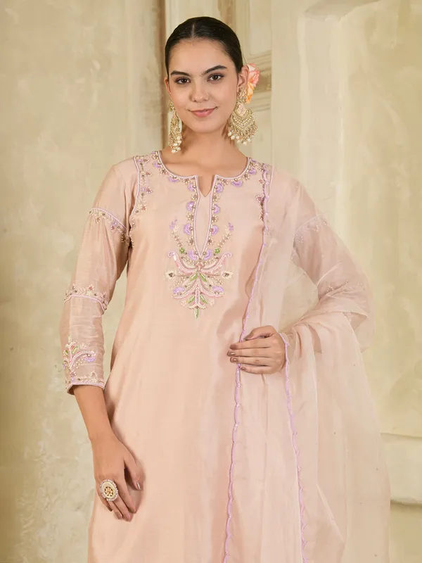Beige_And_Purple_Hand_Embroidered_Chanderi_Kurta_Set