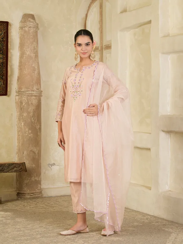 Beige_And_Purple_Hand_Embroidered_Chanderi_Kurta_Set