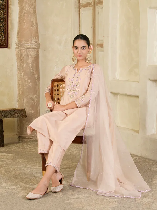 Beige_And_Purple_Hand_Embroidered_Chanderi_Kurta_Set
