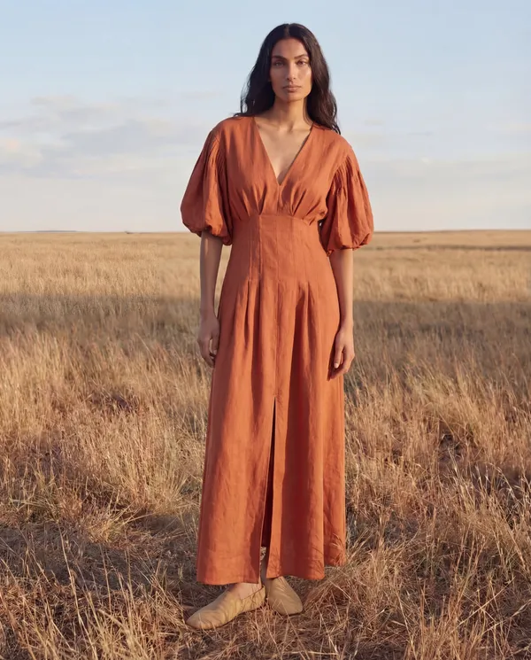 Rust_Orange_Cotton_Linen_Midi_Dress
