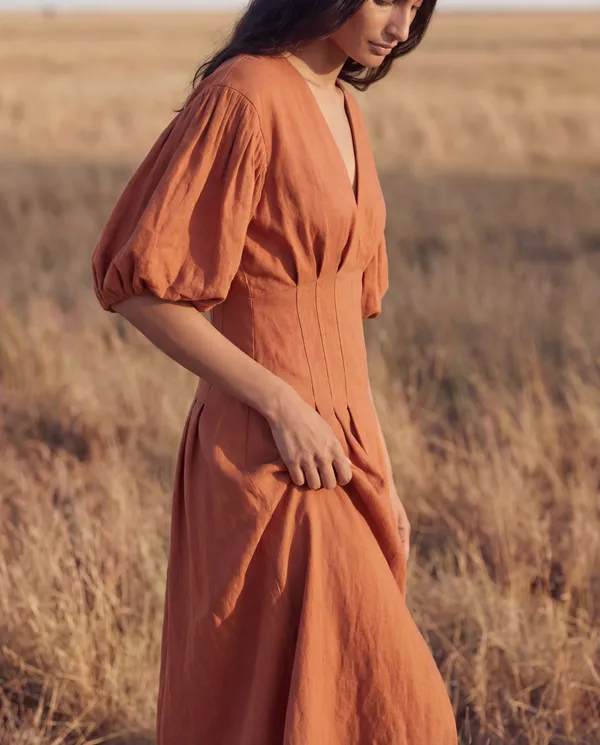 Rust_Orange_Cotton_Linen_Midi_Dress