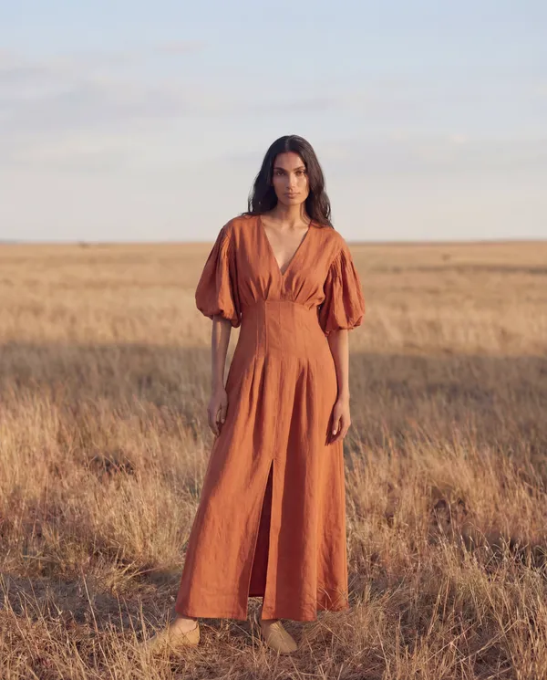 Rust_Orange_Cotton_Linen_Midi_Dress