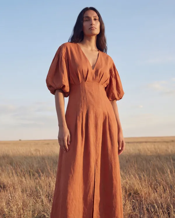 Rust_Orange_Cotton_Linen_Midi_Dress