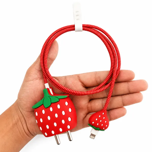 Silicone_Cable_Protector_Strawberry_Shape_Design_Charger_Red_Set_Of_4-_Only_for_Iphone_(18-20_Watt_Charger)