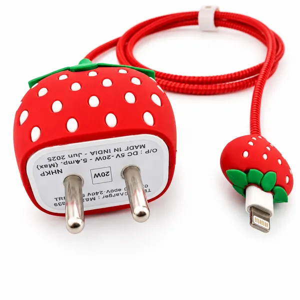 Silicone_Cable_Protector_Strawberry_Shape_Design_Charger_Red_Set_Of_4-_Only_for_Iphone_(18-20_Watt_Charger)