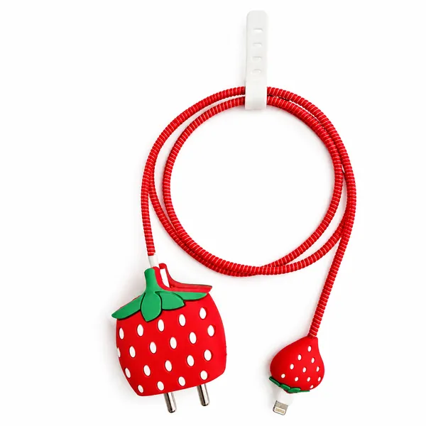 Silicone_Cable_Protector_Strawberry_Shape_Design_Charger_Red_Set_Of_4-_Only_for_Iphone_(18-20_Watt_Charger)