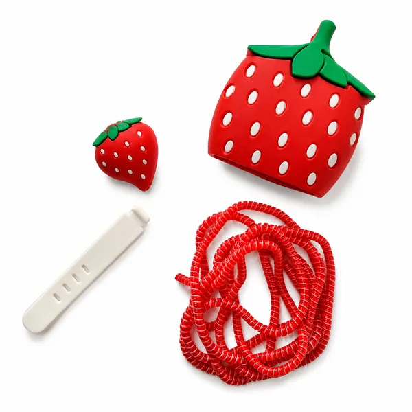 Silicone_Cable_Protector_Strawberry_Shape_Design_Charger_Red_Set_Of_4-_Only_for_Iphone_(18-20_Watt_Charger)