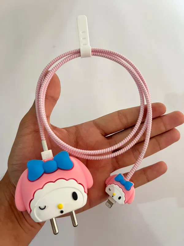 Silicone_Cable_Protector_Cartoon_Girl_Design_Charger_Pink_Blue_Set_Of_4-_Only_for_Iphone_(18-20_Watt_Charger)