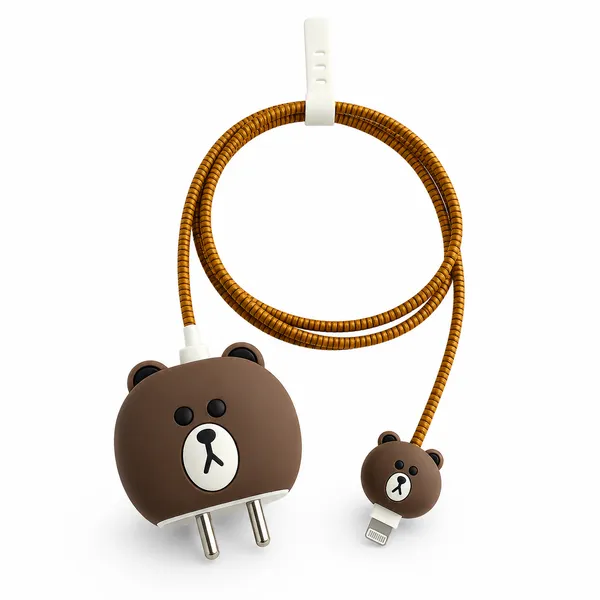 Silicone_Cable_Protector_Bear_Face_Design_Charger_Dark_Brown_Set_Of_4-_Only_for_Iphone_(18-20_Watt_Charger)