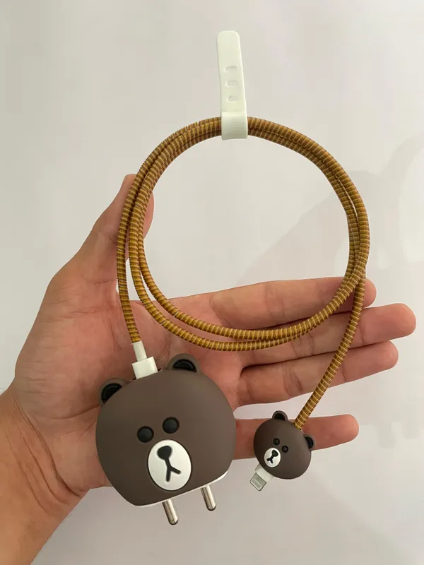 Silicone_Cable_Protector_Bear_Face_Design_Charger_Dark_Brown_Set_Of_4-_Only_for_Iphone_(18-20_Watt_Charger)