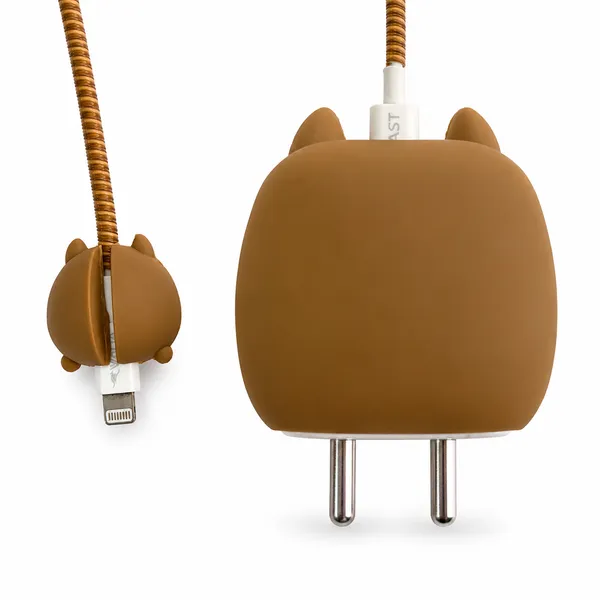 Silicone_Cable_Protector_Chipmunk_Face_Design_Charger_Brown_Set_Of_4-_Only_for_Iphone_(18-20_Watt_Charger)