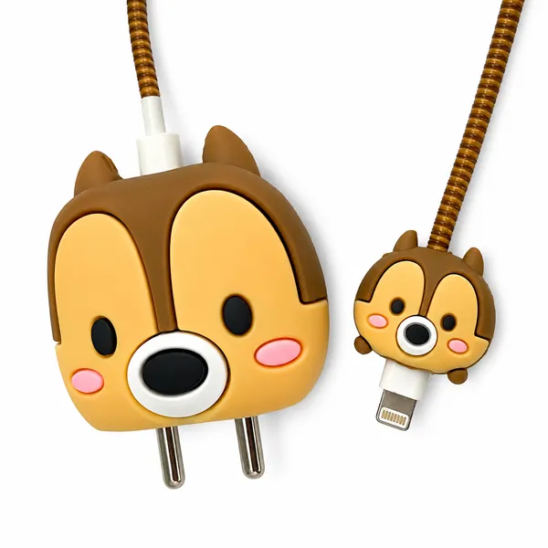 Silicone_Cable_Protector_Chipmunk_Face_Design_Charger_Brown_Set_Of_4-_Only_for_Iphone_(18-20_Watt_Charger)