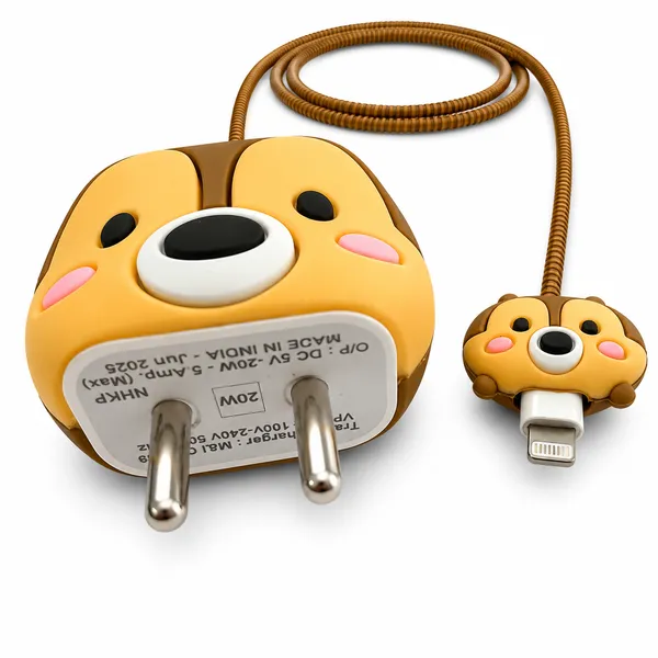 Silicone_Cable_Protector_Chipmunk_Face_Design_Charger_Brown_Set_Of_4-_Only_for_Iphone_(18-20_Watt_Charger)