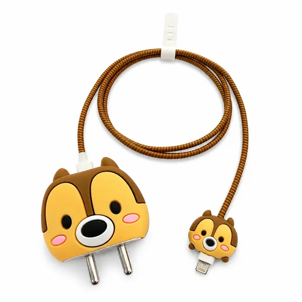 Silicone_Cable_Protector_Chipmunk_Face_Design_Charger_Brown_Set_Of_4-_Only_for_Iphone_(18-20_Watt_Charger)
