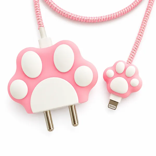 Silicone_Cable_Protector_Paw_Print_Design_Charger_Pink_Set_Of_4-_Only_for_Iphone_(18-20_Watt_Charger)