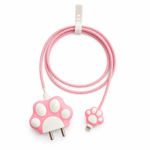 Silicone_Cable_Protector_Paw_Print_Design_Charger_Pink_Set_Of_4-_Only_for_Iphone_(18-20_Watt_Charger)