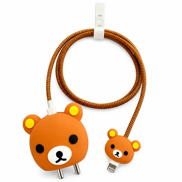 Silicone_Cable_Protector_Bear_Face_Squishy_Design_Charger_Orange_Set_Of_4-_Only_for_Iphone_(18-20_Watt_Charger)