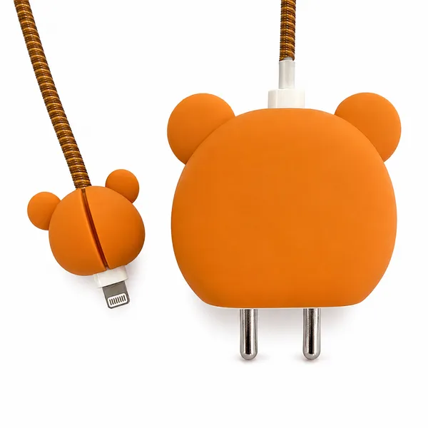 Silicone_Cable_Protector_Bear_Face_Squishy_Design_Charger_Orange_Set_Of_4-_Only_for_Iphone_(18-20_Watt_Charger)