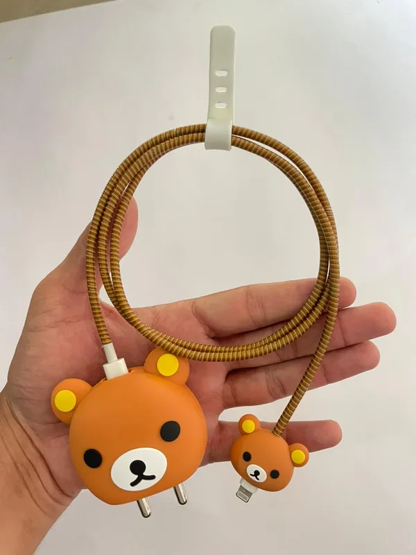 Silicone_Cable_Protector_Bear_Face_Squishy_Design_Charger_Orange_Set_Of_4-_Only_for_Iphone_(18-20_Watt_Charger)