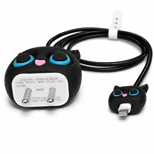 Silicone_Cable_Protector_Black_Cat_Face_Design_Charger_Set_Of_4-_Only_for_Iphone_(18-20_Watt_Charger)