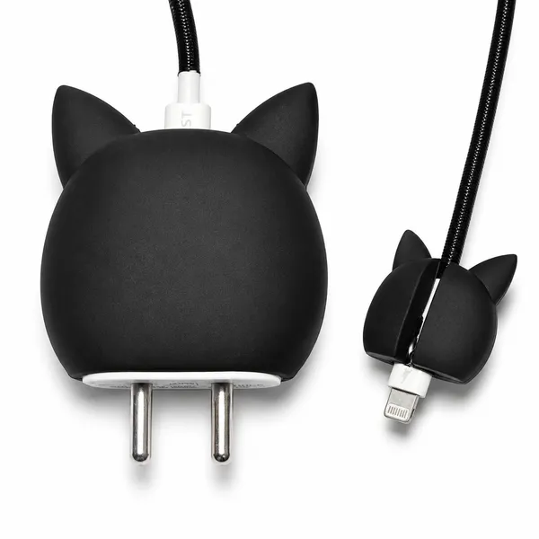 Silicone_Cable_Protector_Black_Cat_Face_Design_Charger_Set_Of_4-_Only_for_Iphone_(18-20_Watt_Charger)