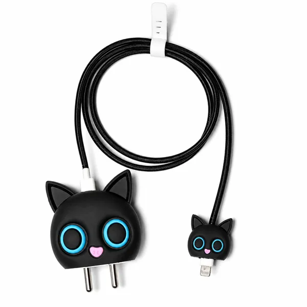 Silicone_Cable_Protector_Black_Cat_Face_Design_Charger_Set_Of_4-_Only_for_Iphone_(18-20_Watt_Charger)