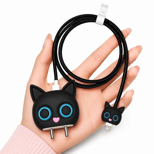 Silicone_Cable_Protector_Black_Cat_Face_Design_Charger_Set_Of_4-_Only_for_Iphone_(18-20_Watt_Charger)