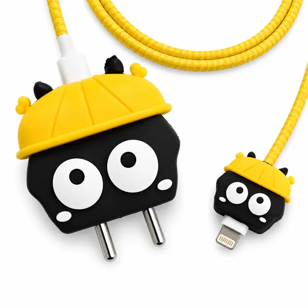 Bee_Character_Silicone_Charger_Cable_Protector_Set_Of_4_Yellow-_Only_for_Iphone_(18-20_Watt_Charger)