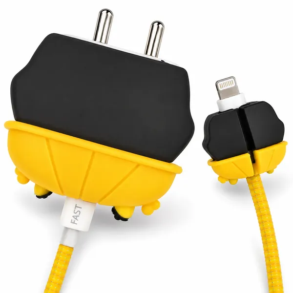 Bee_Character_Silicone_Charger_Cable_Protector_Set_Of_4_Yellow-_Only_for_Iphone_(18-20_Watt_Charger)
