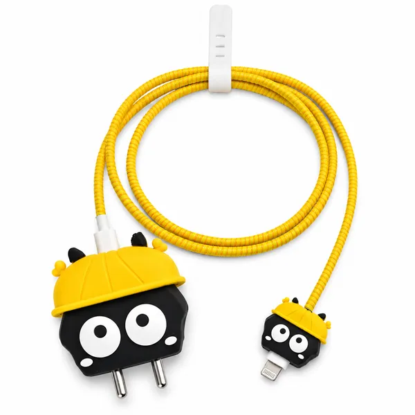 Bee_Character_Silicone_Charger_Cable_Protector_Set_Of_4_Yellow-_Only_for_Iphone_(18-20_Watt_Charger)
