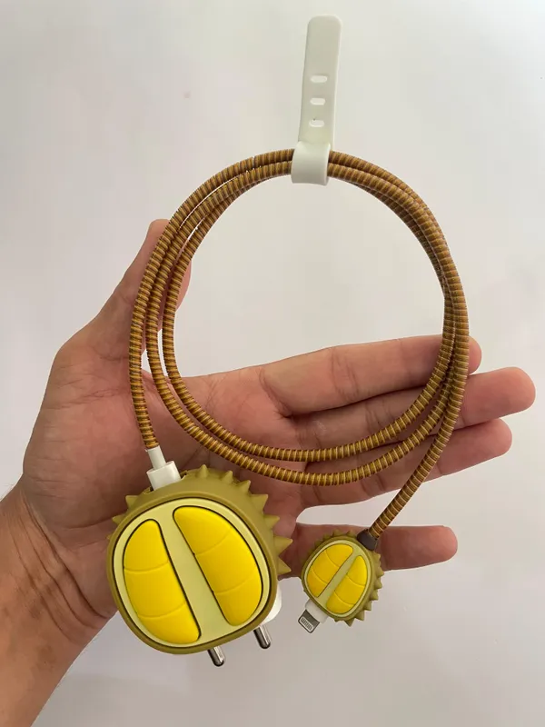 Silicone_Cable_Protector_Durian_Shape_Design_Charger_Yellow_Set_Of_4-_Only_for_Iphone_(18-20_Watt_Charger)