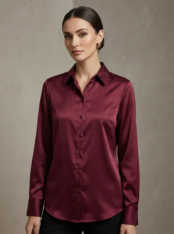Bordeaux_Poise_Maroon_Cotton_Satin_Formal_Shirt_For_Women