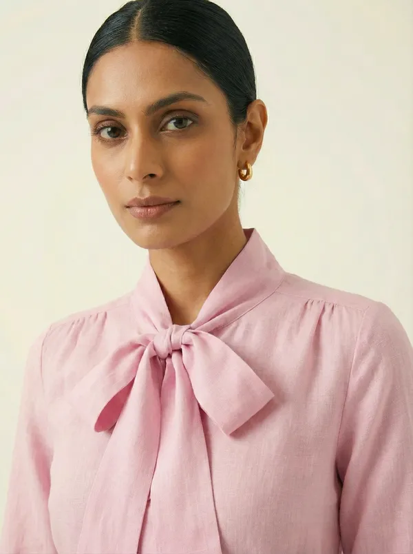 Pétale_Douce_Pink_Cotton_Bow_Front_Top_For_Women