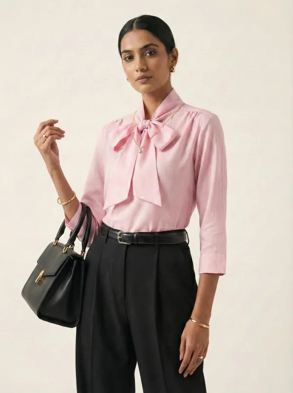 Pétale_Douce_Pink_Cotton_Bow_Front_Top_For_Women