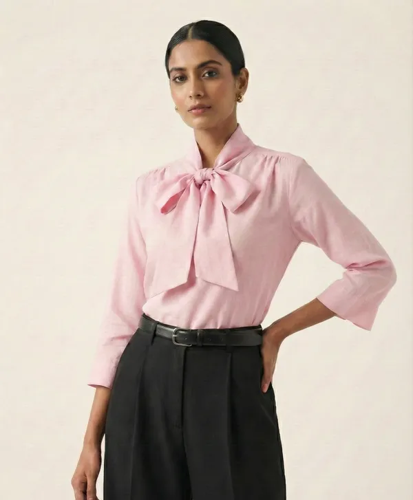 Pétale_Douce_Pink_Cotton_Bow_Front_Top_For_Women