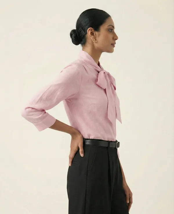 Pétale_Douce_Pink_Cotton_Bow_Front_Top_For_Women