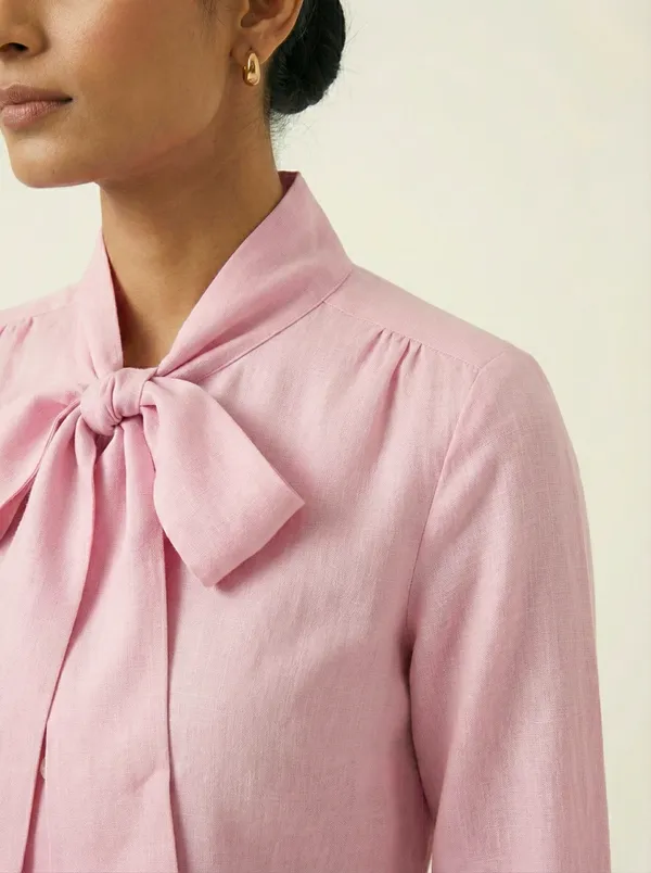 Pétale_Douce_Pink_Cotton_Bow_Front_Top_For_Women