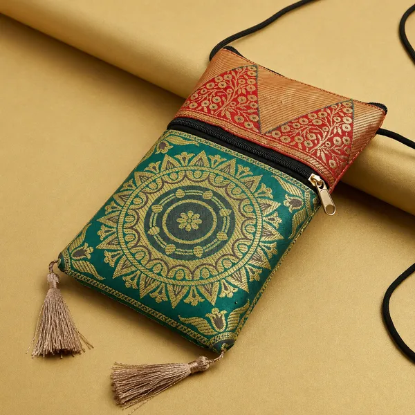 Green_Banarasi_Silk_Brocade_Mobile_Sling_Bag_For_Women