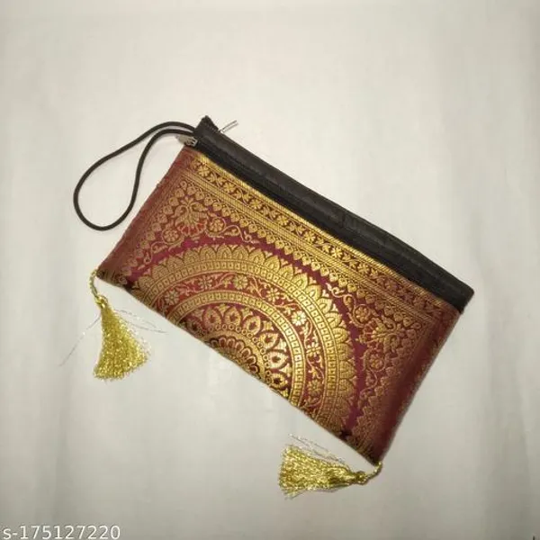 Maroon_Banarasi_Silk_Brocade_Three_Fold_Wallet_For_Women