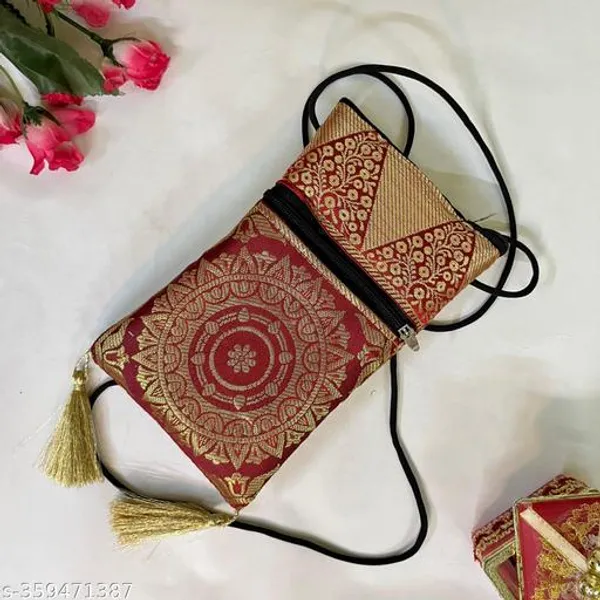 Red_Banarasi_Silk_Brocade_Mobile_Sling_Bag_For_Women